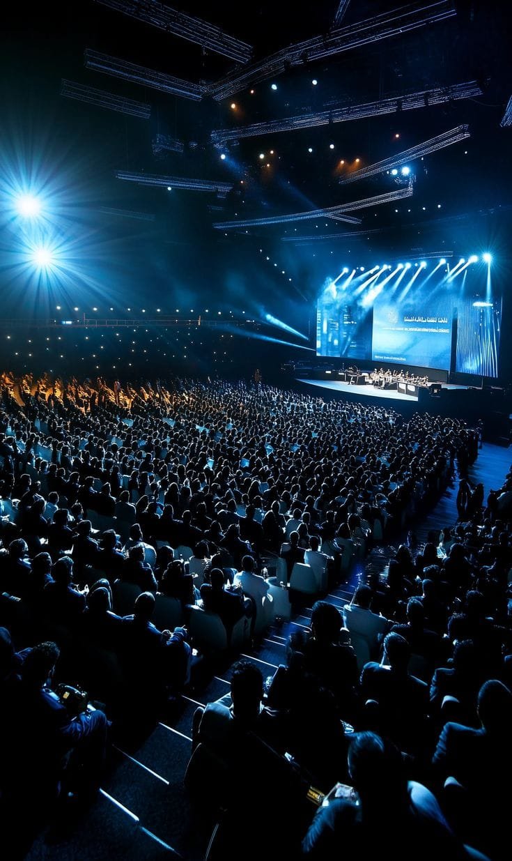 Grand auditorium rempli pour une conférence avec scène et écrans