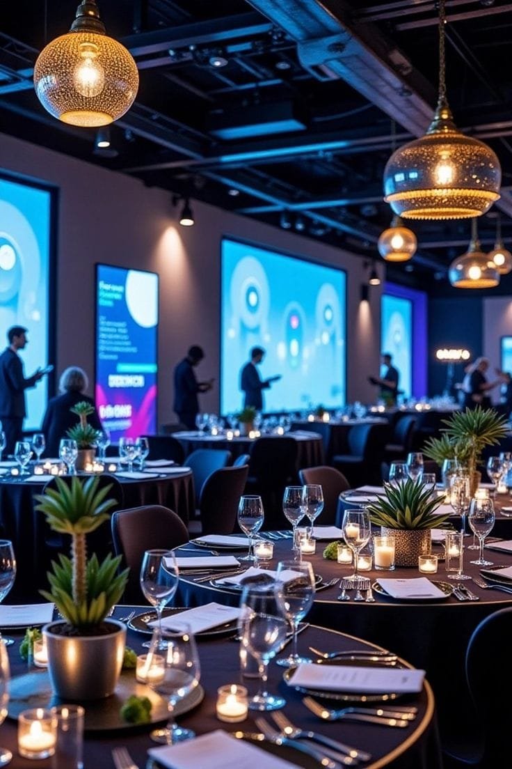 Dîner de gala avec tables dressées et écrans événementiels