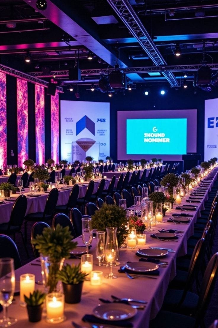 Dîner de gala scénographié face à une scène et des écrans
